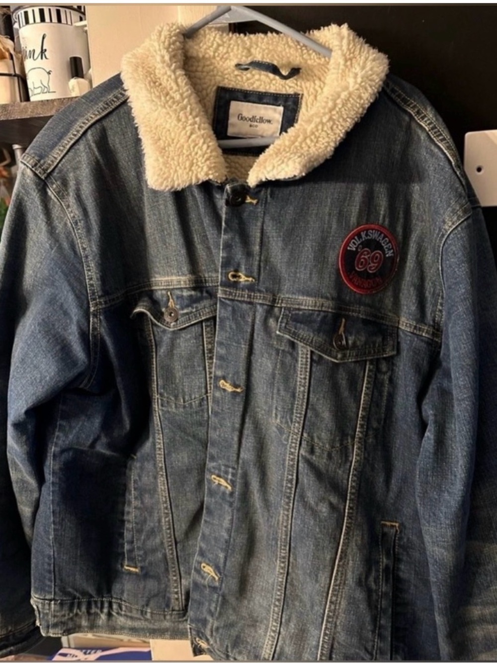 Goodfellow & Co Blue Denim Jacket with Cream Sherpa Collar